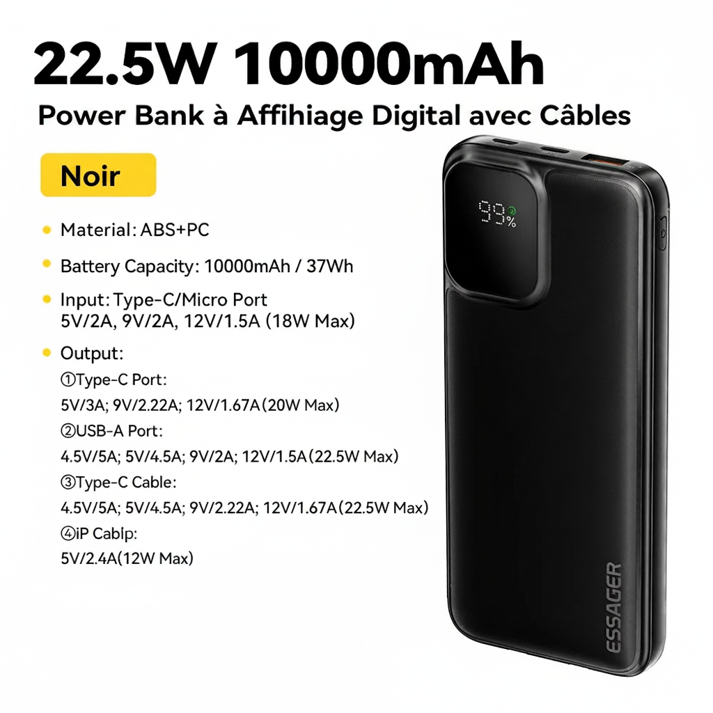 Batterie externe 20000mAh – détail ports USB-C et USB-A – recharge rapide bivouac