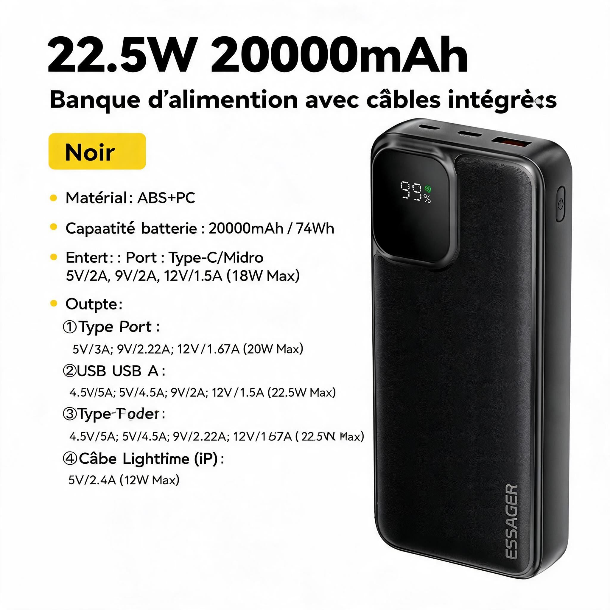 Batterie externe randonnée – tenue en main compacte – 10000mAh coloris Noir