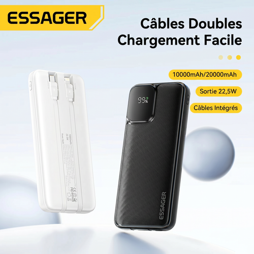 Batterie externe 20000mAh – câbles USB-C et Lightning intégrés – recharge rapide