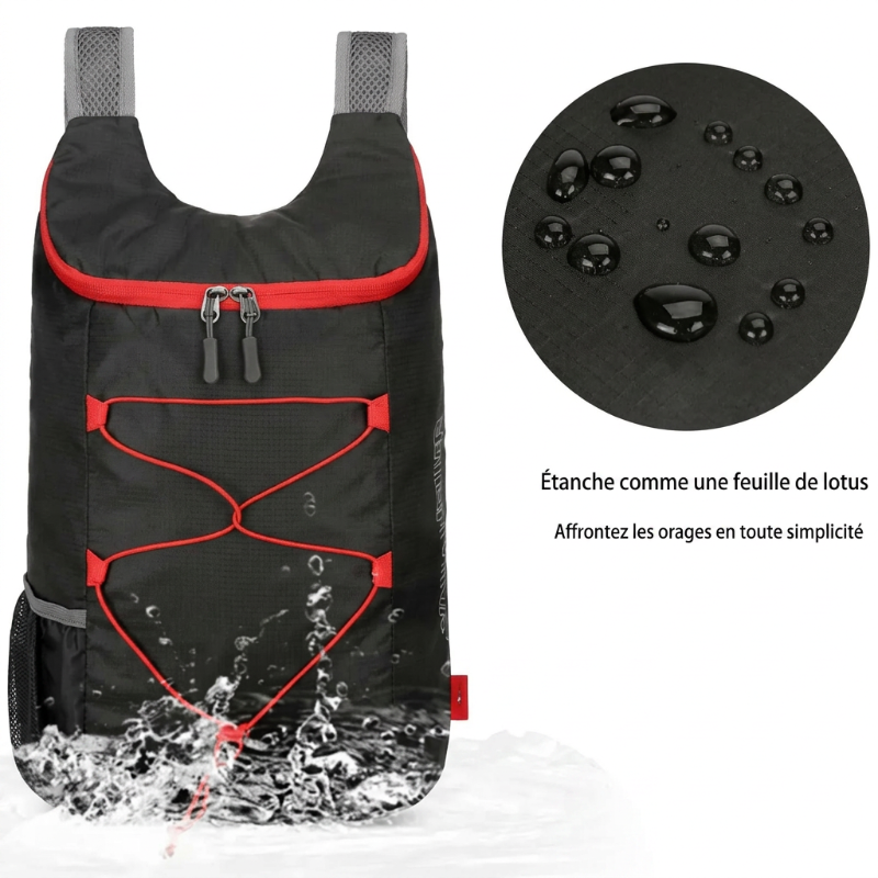 Sac à dos pliable 20L – détail poche frontale zippée – randonnée voyage