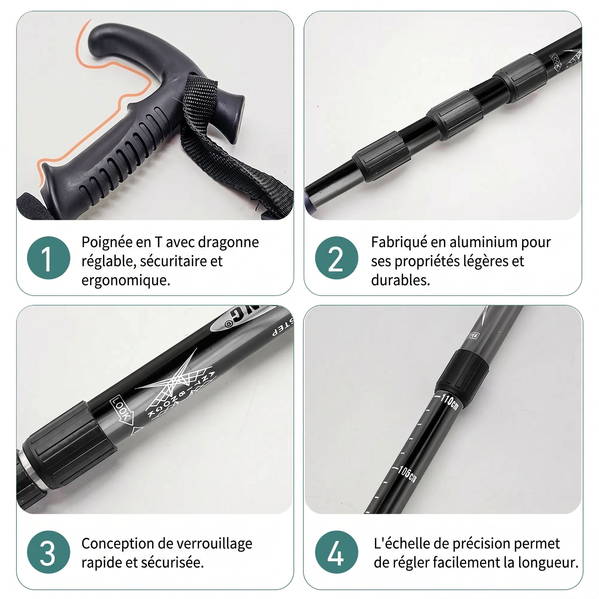 Bâtons randonnée aluminium 4 sections – format replié compact – transport facile