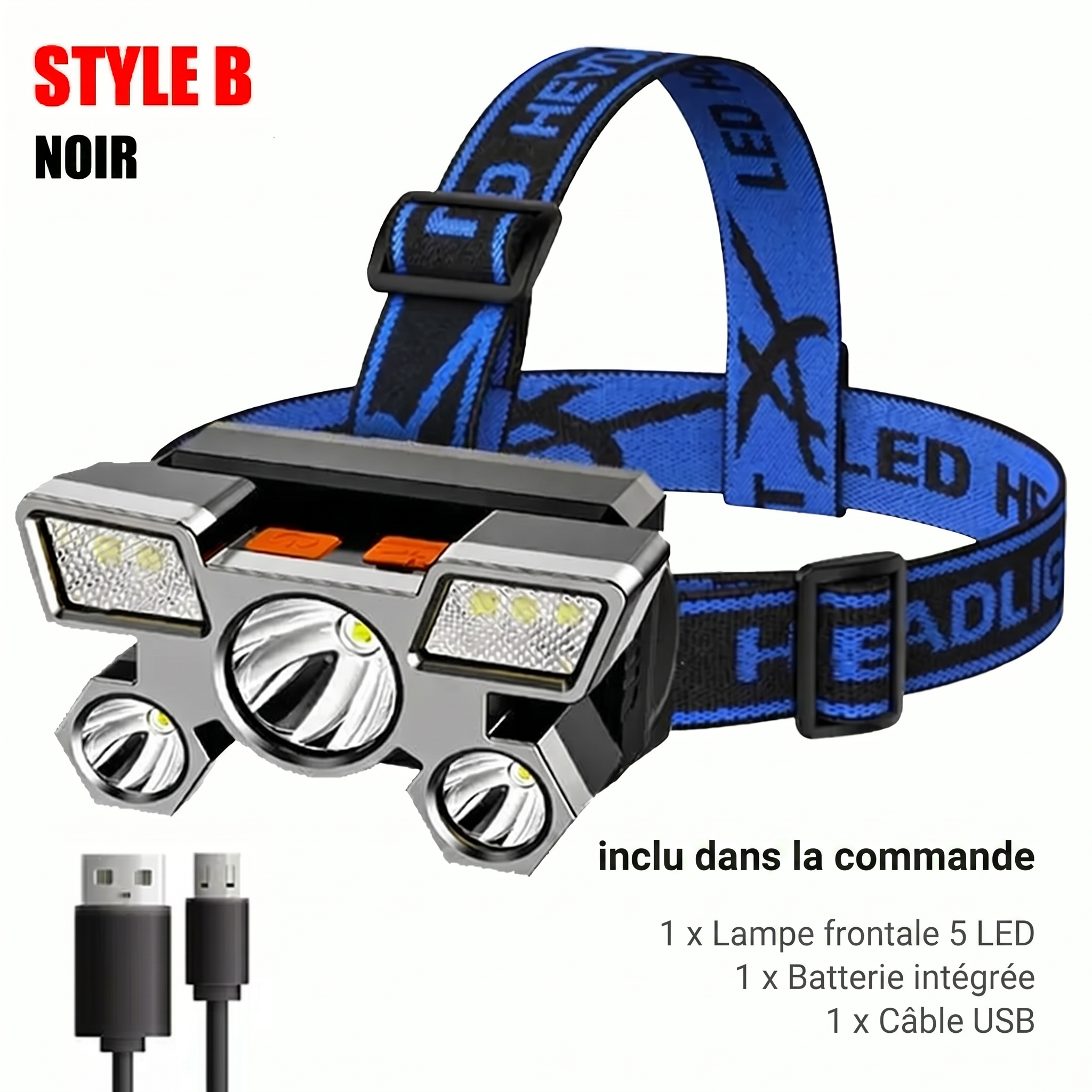 Lampe frontale LED rechargeable – Style B – 4 modes éclairage faible moyen fort SOS