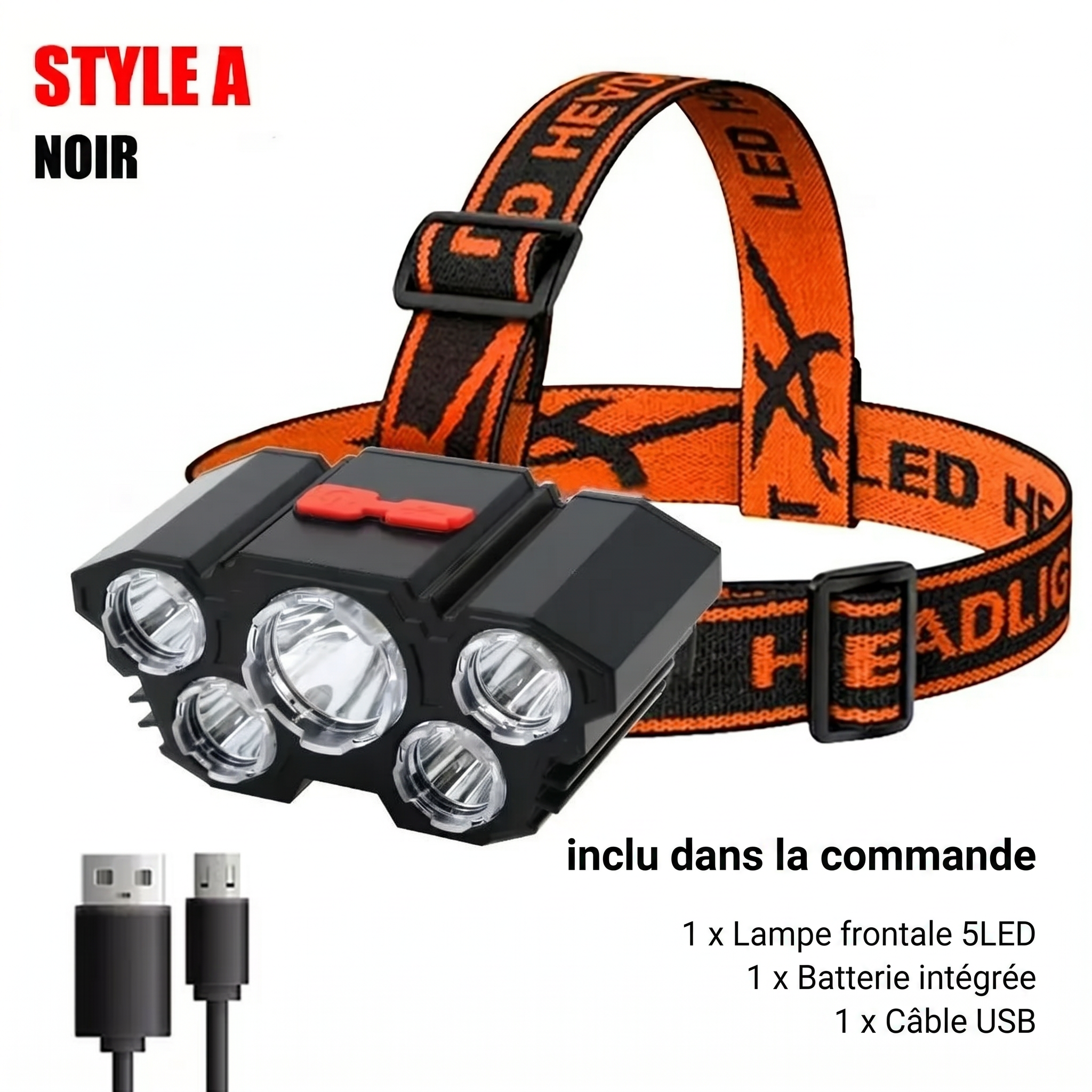 Lampe frontale LED rechargeable – vue principale Style A – éclairage randonnée bivouac