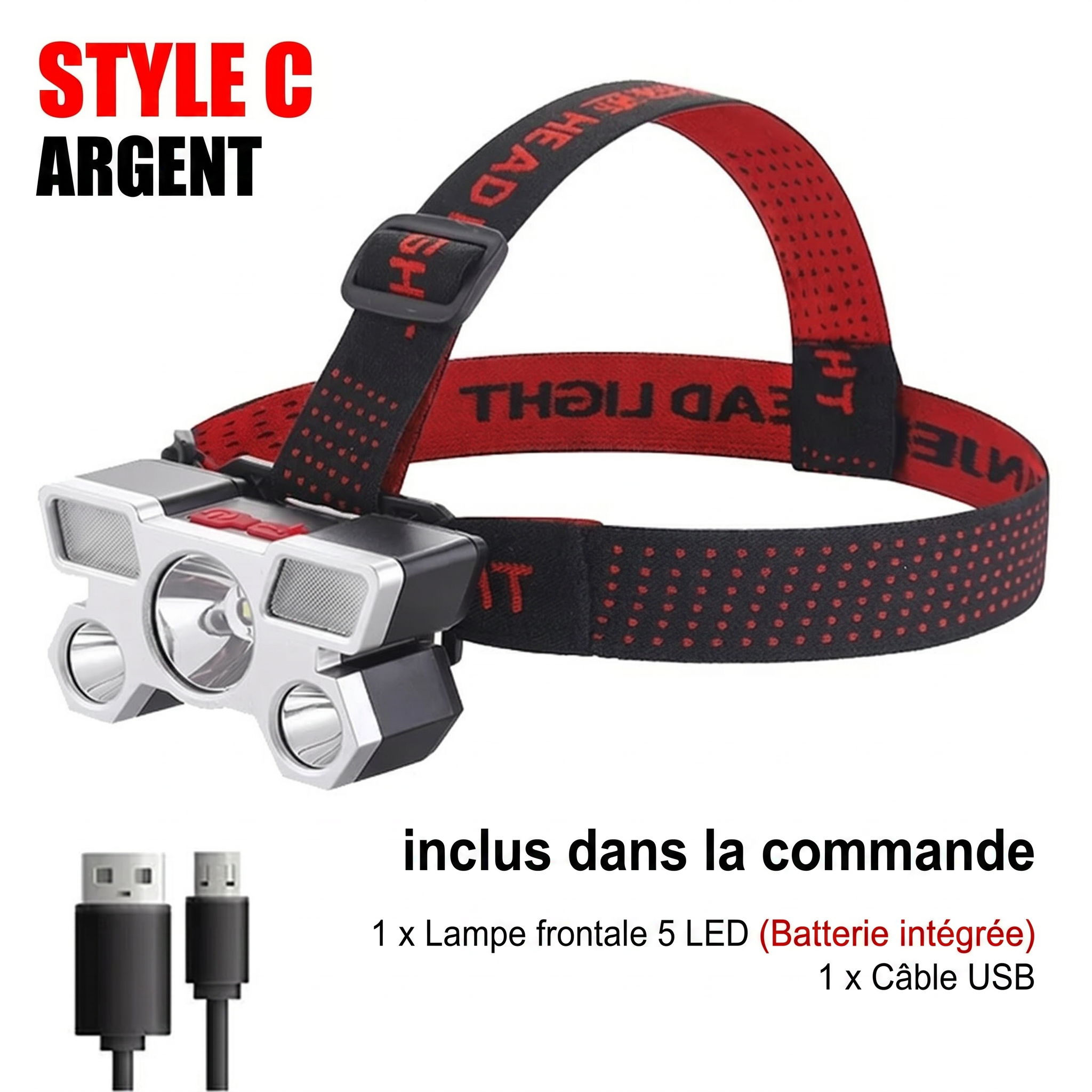 Lampe frontale LED rechargeable – Style C – bandeau réglable confort tête