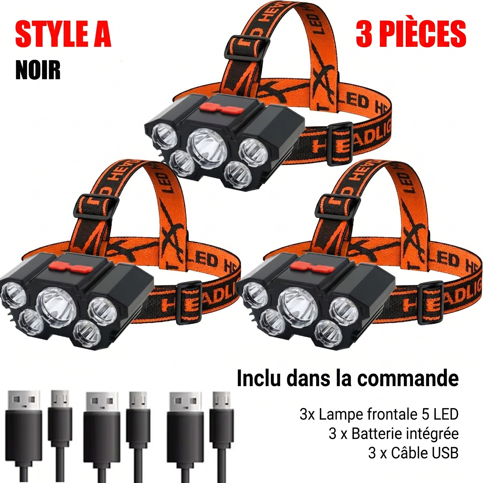 Lampe frontale LED – port USB de recharge intégré – compatible batterie externe