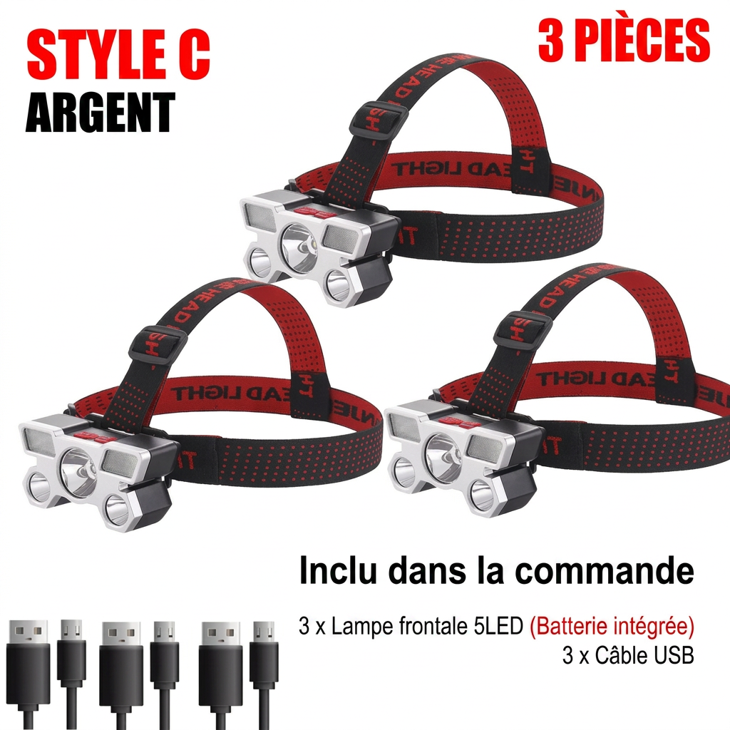 Lampe frontale LED 5 LED haute luminosité – portée longue durée randonnée nocturne