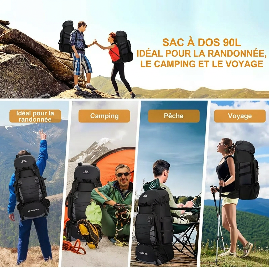 Sac à dos randonnée 90L – fond renforcé et couverture de pluie intégrée