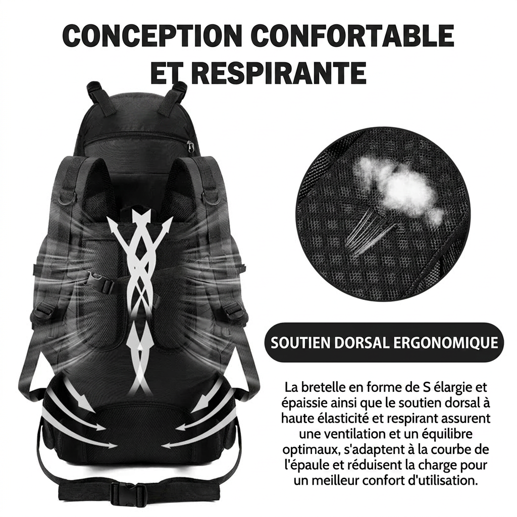 Sac à dos 90L – poche de tête amovible et acces latéraux – organisation optimale
